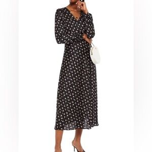 Maje ruffle trimmed ruched floral print satin midi dress